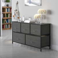 Flash Furniture WX-5L206-X-BK-GR-GG 5 Drawer Wood Top Black Cast Iron Frame Vertical Storage Dresser with Dark Gray Easy Pull Fabric Drawers